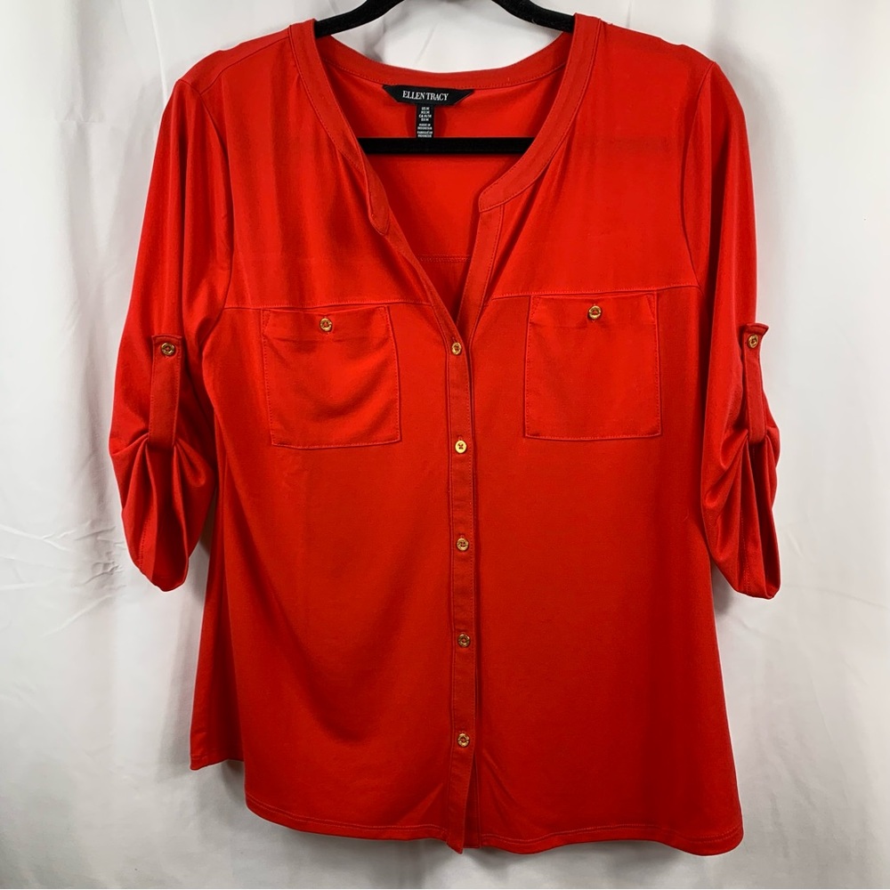 Ellen Tracy Red Split V Neck Button Up Blouse 3/4 Roll Tab Sleeves Medium
